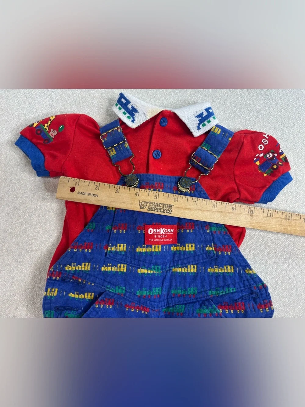 Vintage OshKosh B’Gosh Baby Train Shortall Outfit Set USA Red Blue 6-9 Months
